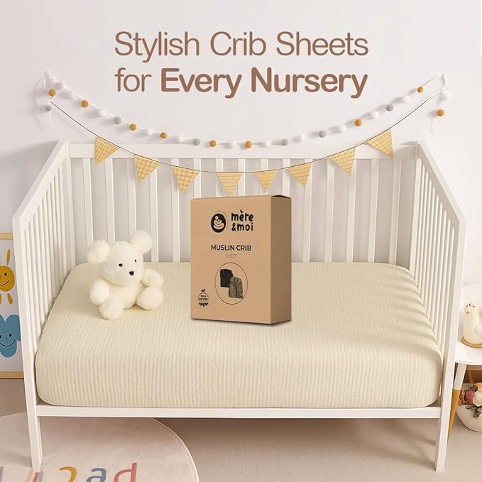 Mère & Moi Muslin Fitted Crib Sheets – 100% Cotton, Ultra-Soft & Breathable Baby Bedding for Standard Crib & Toddler Mattress (28” x 52”) - 2 Pack (Brown and Cream)