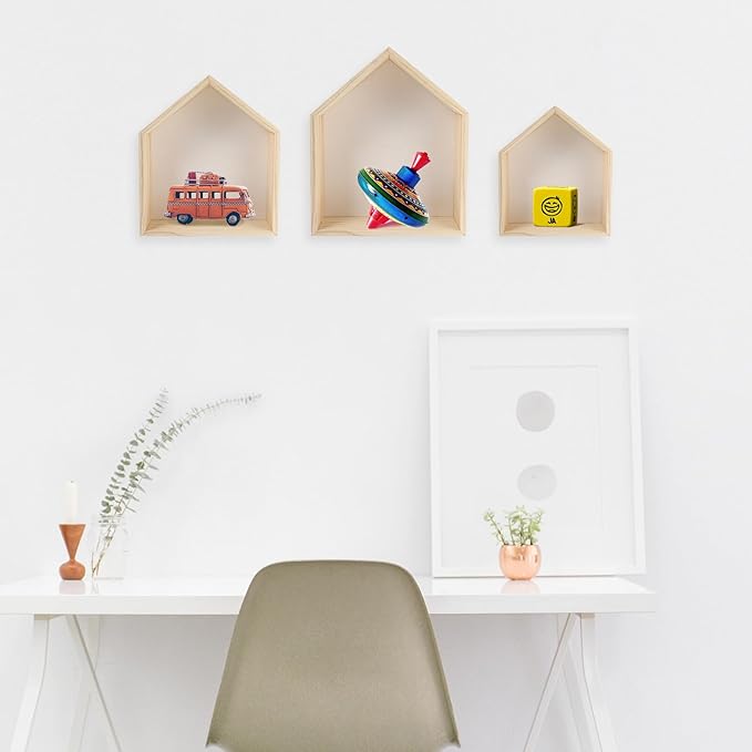 Angoily 3pcs House Shaped Floating Shelves Wall-Mounted Wood Storage Rack for Home Decor Modern Geometric Design with Strong Bearing for Stationery Plants Ornaments Display