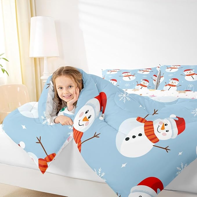 Feelyou Merry Christmas Bedding Set Soft for Boys Girls, Snowman Comforter Set Full Size Snowflake Duvet Quilt Microfiber Bedroom Decor 3 Pcs with 2 Pillow Cases
