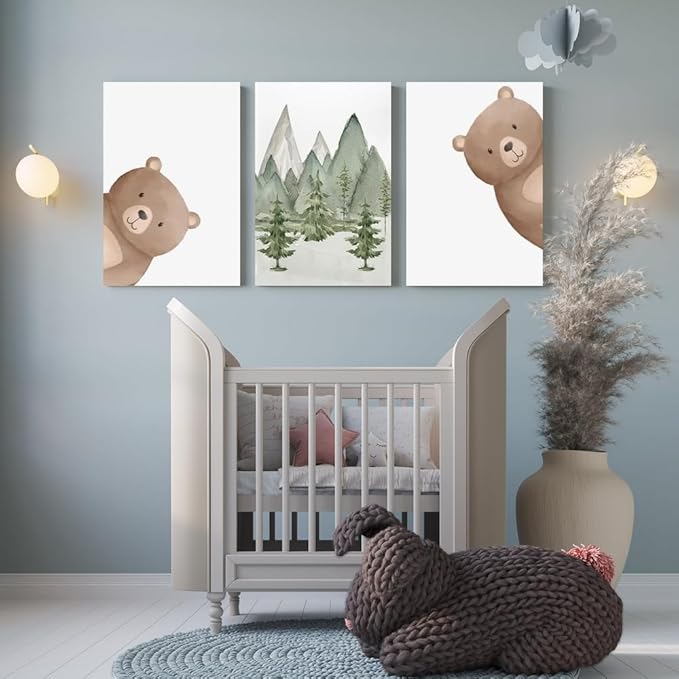 Peeking Bear Nursery Wall Decor, Woodland Nursery Nature Print, Neutral Baby Animals Wall Art for Kid Bedroom, Forest Mountain Wall Art for Baby Boy Girl Bedroom, Framed Canvas, 16"x24"x3