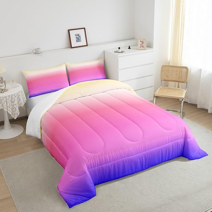 Feelyou Ombre Comforter Queen Set - Pink Purple Rainbow Bedding for Boys Girls, Colorful Gradient Duvet Set, Decorative 3Pcs
