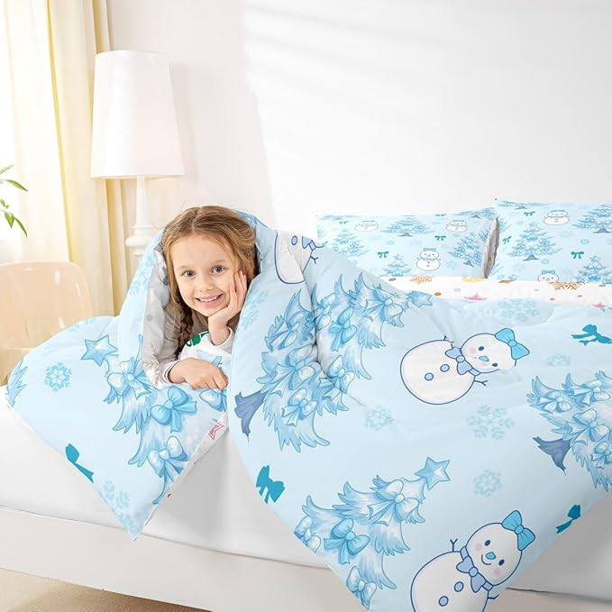 Feelyou Merry Christmas Comforter Set Queen Size Cute Snowman Bedding Set for Kids Boys Girls Cartoon Bowknot Duvet Quilt Christmas Tree Microfiber 3 Pcs with 2 Pillow Cases