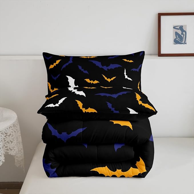 Erosebridal Bat Comforter Set King Size for Kids Boys Happy Halloween Decor Quilt with 2 Pillow Cases Bats Animal Silhouette Bedding Set Gothic Spooky White Duvet Insert,Orange