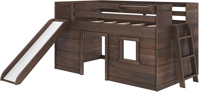 Max & Lily Loft Bed Twin Size, Solid Wood Low Loft Bed with Slide and Ladder, Modern Farmhouse Loft Bed for Kids, Barnwood Brown