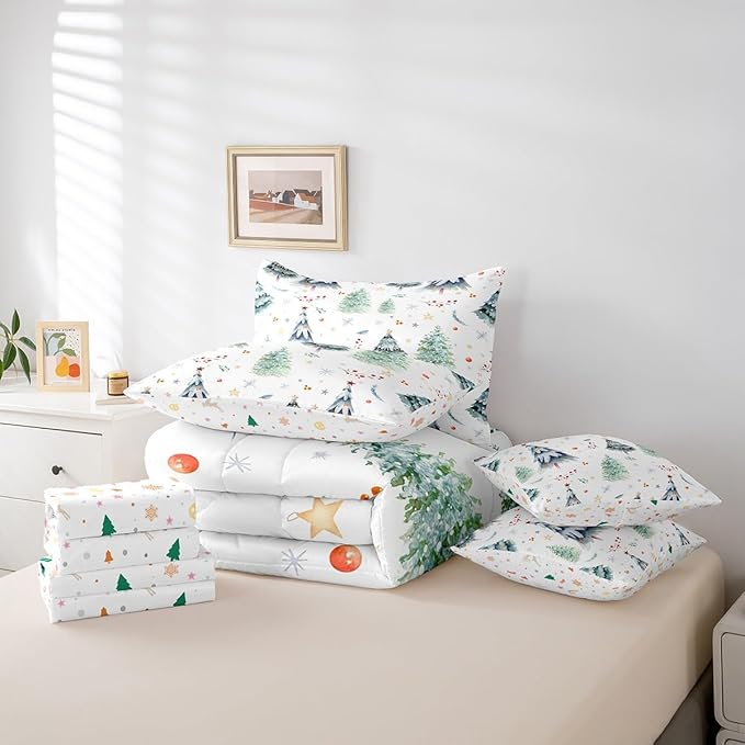 Christmas Bed Set Xmas Tree Comforter Set with Sheets Snowflake Watercolor Blue Bed in a Bag for Kids Boys Girls Room Decor New Year Theme Bedding Set Bedroom Collection Full Size