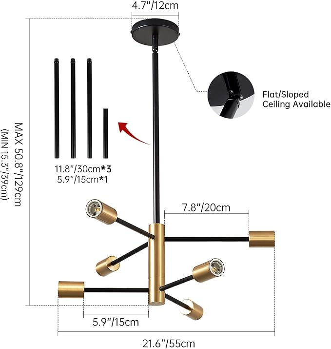 Modern Chandeliers for Dining Room, Black and Gold Chandelier Ceiling Light Fixture 6-Light Sputnik Chandeliers Mid Century Chandeliers for Living Room,Kitchen Island,Bedroom,Foyer