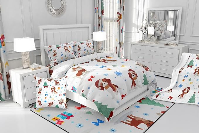 Feelyou Christmas Puppy Comforter Set All Season Festive Pet Bedding Set with 2 Pillow Cases Cute Dog Kids Queen Bedclothes Xmas Tree Snowflake Bedroom Decor Duvet Quilt Breathable Soft Lightweight