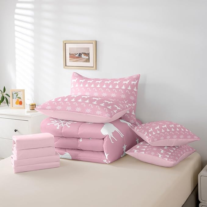 Erosebridal Christmas Queen Bedding Set 7 Piece,Xmas Elk Deer Bed in A Bag,Candy Snowflake Comforter Set Pine Tree Woodland Animals Sheet Set with Comforter,Pink Christmas Decoration