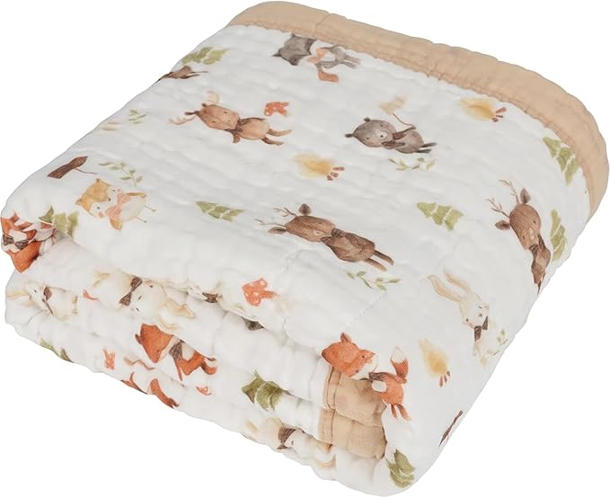 Organic Cotton Muslin Baby Blanket for Boys and Girls - Luxurious Soft Toddler Quilt for Swaddling - Gender Neutral Blanket - Baby and Toddler Gift - Forest Friends