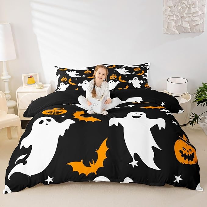 Halloween Bedding Duvet Cover Set Kids Cartoon Ghost Pumpkin Lantern Bedding Set Kids Trick or Treat Decor Comforter Cover Set Microfiber Bat Galaxy Night Bedspread Cover Bedroom Bedclothes Twin Size