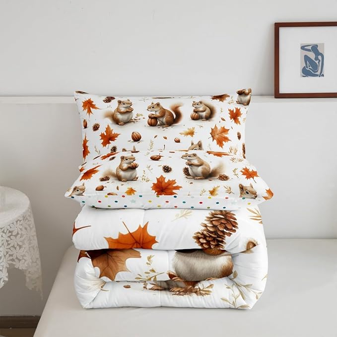 Feelyou Boys Girls Fall Autumn Duvet Cover King Size, Cute Squirrel Comforter Set Cartoon Animal Comforter Cover Kids Maple Leaf Teens Bedspread Cover Bedroom Decor Bed Set 3Pcs