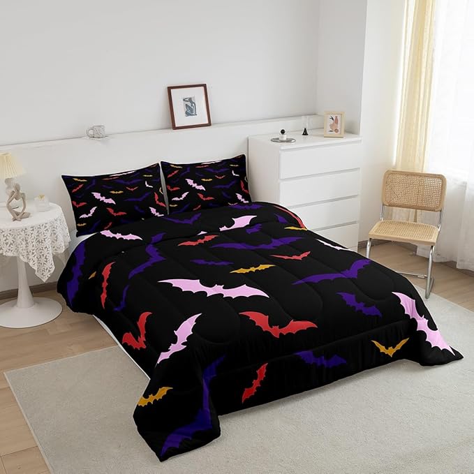 Erosebridal Bat Bedding Set Queen Size for Kids Children Happy Halloween Comforter Set Flying Bat Quilt Gothic Spooky Down Comforter with 2 Pillow Cases,Purple and Pink