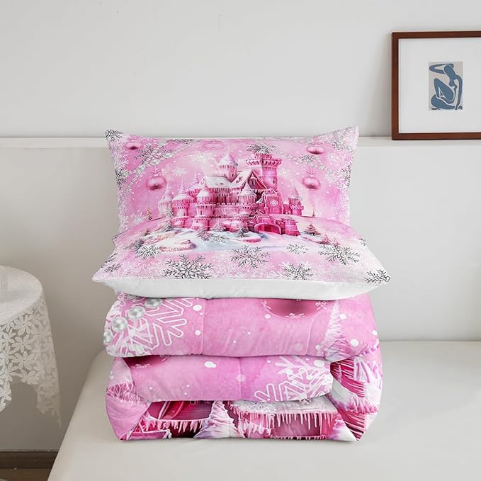 Pink Castle Comforter Set Queen Size,Cartoon Fairy Tale Theme Watercolor Bedding Set for Women Adult,Christmas Winter Silver Snowflakes Luxury Bed Duvet Insert, 2 Pillowcases