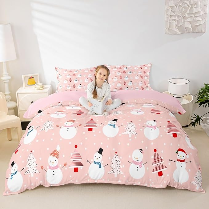 Christmas Duvet Cover Cartoon Snowman Christmas Tree Bedding Set Snowflake Comforter Cover for Boys Girls Children Teens Bedroom Decor Pink Xmas Theme Bedspread Cover Twin Size With 1 Pillow Case