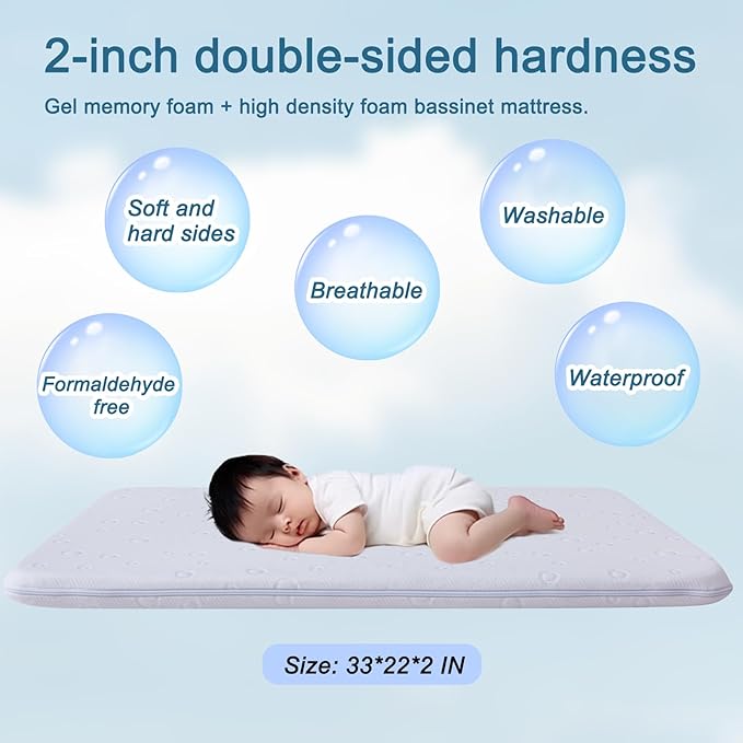 Baby Bassinet Mattress, 42" x 24" x 2" Dual Sided Gel Memory Foam Mattress with Breathable Removable Soft Cover Fit for Baby Bjorn, Guava Lotus and Dream on Me Travel Crib Light Playard