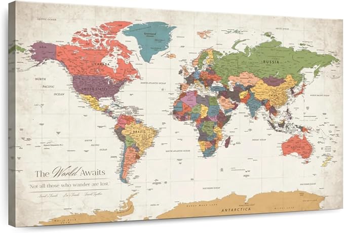 ElephantStock - Personalized World Awaits II Push Pin World Map Wall Art - Horizontal Canvas Wall Art - Living Room Wall Decor - Digital Art Map Canvas Art - Green And Beige Decor - 24" x 16"