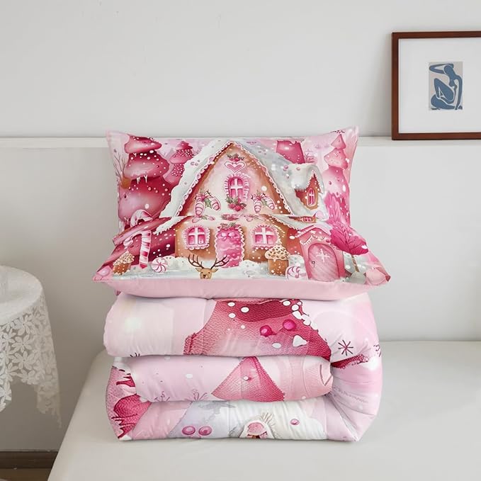 jejeloiu Kids Christmas Theme Comforter Set Twin Size Pink Xmas Candy Cane House Bedding Set for Boys Girls Teens Cute Cartoon Deer Winter Animal Happy New Year Duvet Quilt Room Decor