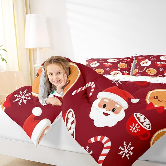 Feelyou Merry Christmas Comforter Set Full Size Santa Claus Bedding Set for Kids Boys Girls Gingerbread Man Duvet Quilt Snowflake Bedroom Decor Microfiber 3 Pcs with 2 Pillow Cases