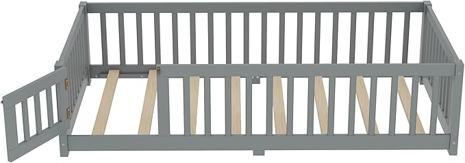 Harper & Bright Designs Twin Floor Bed Frame with Safety High Fence, Wood Montessori Bed with Door, Twin Size Floor Beds with Solid Wood Support Slats for Boys, Girls, Kids, Gray