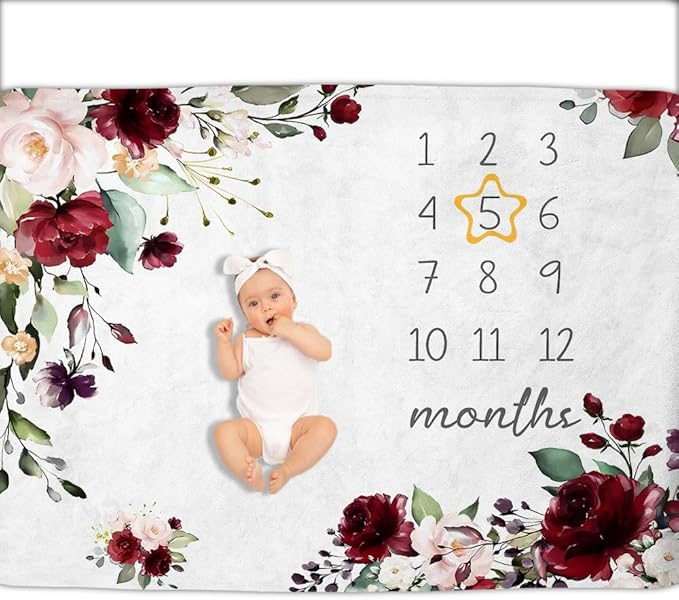 OLIVE OLIVIA Monthly Milestone Blanket, First 12 Months Baby Milestone for Baby Girls, Perfect Baby Blanket Gifts with Pentagram Frame, 50"x60"