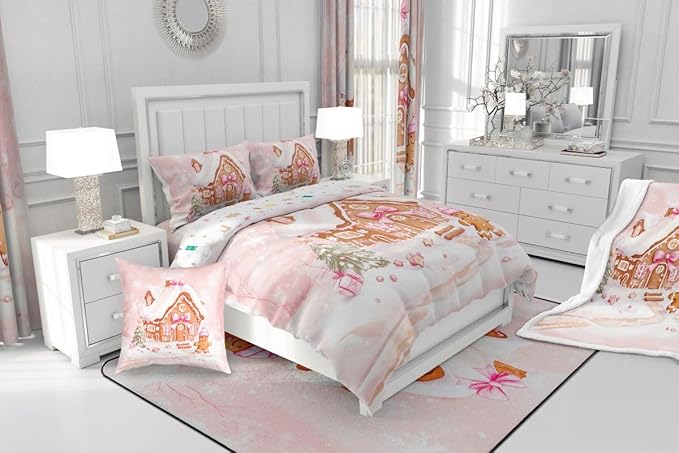 Feelyou Gingerbread House Kids Comforter Set Full Size Gingerbread Man Bedding Set Christmas Tree Duvet Quilt for Kids Boys Girls Bedroom Pink Bow Decor Snowflake Microfiber Ultra Soft Breathable