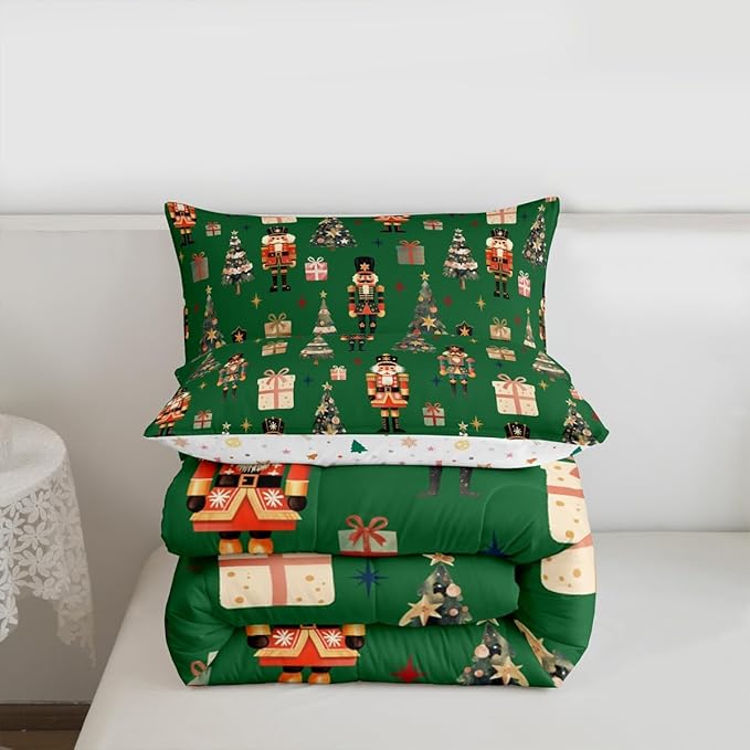 jejeloiu Xmas Nutcracker Comforter Set Full Size Christmas Green Bedding Set for Kids Boys Girls Cute Snowflakes Duvet Quilt Bedroom Decor