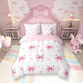 7 Pieces Pink Bow Princess Comforter Full,Bowknot Geometric Dots Toddler Bedding Set,Butterfly Knot Bow Tie Romantic White Simple（Comforter+Fitted+Flat Sheet+2 Pillowcases+2 Throw Pillow Covers）