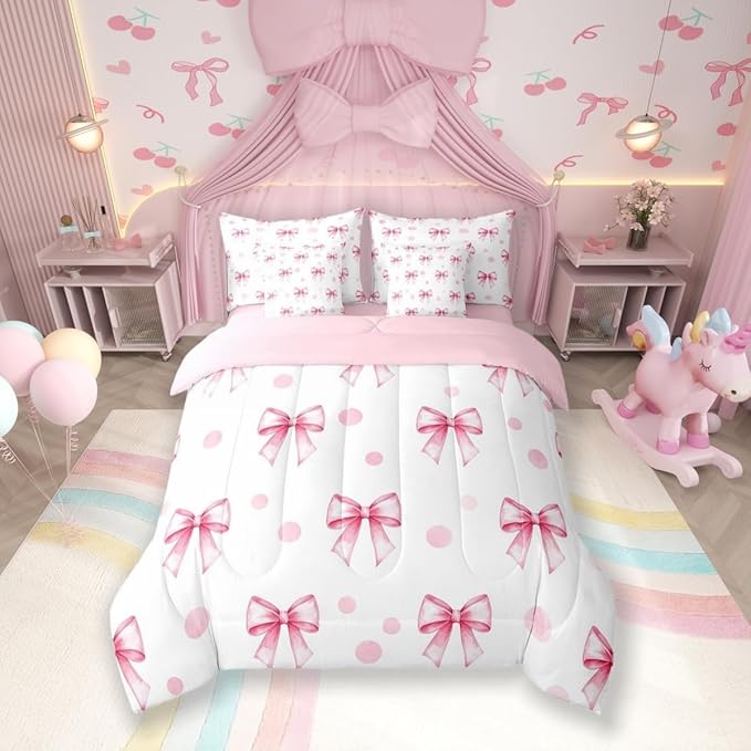 7 Pieces Pink Bow Princess Comforter Twin,Bowknot Geometric Dots Toddler Bedding Set,Butterfly Knot Bow Tie Romantic White Simple（Comforter+Fitted+Flat Sheet+2 Pillowcases+2 Throw Pillow Covers）