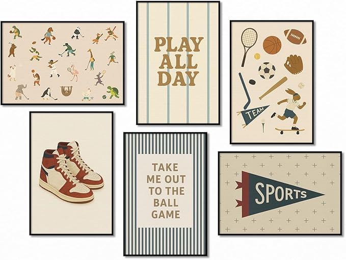 Sports Posters for Boys Bedroom, Boy Nursery Canvas Wall Art, Cute Animal Athletes & Sports Equipment Pictures, Charming Quotes Take Me Out To The Ball Game Play All Day Print 8x12in Wrapped Canvas