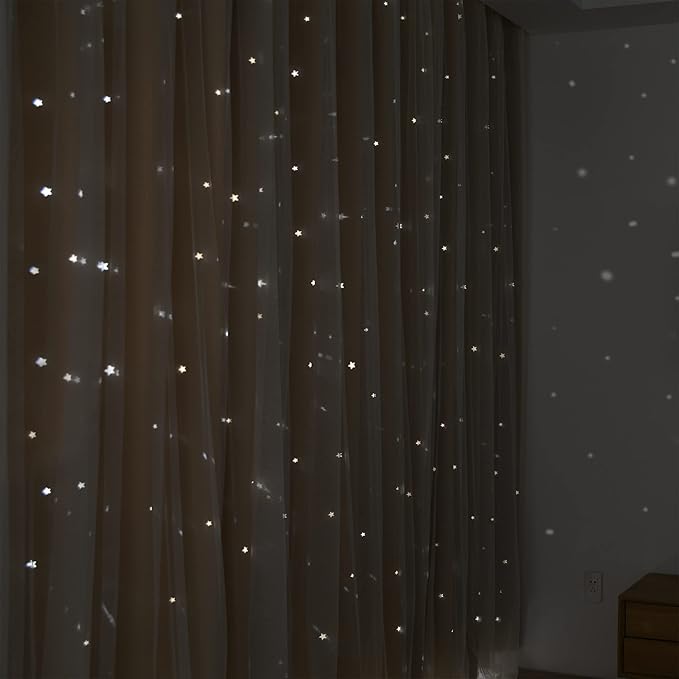 Kinryb Kids Blackout Curtains for Bedroom/Living Room/Classroom, Sheer Overlay 2 Panel Set, Double Layer Curtains with Star Cutout for Kids Room(Each Piece W 70 x L 95 Inches 2 Pcs Beige)