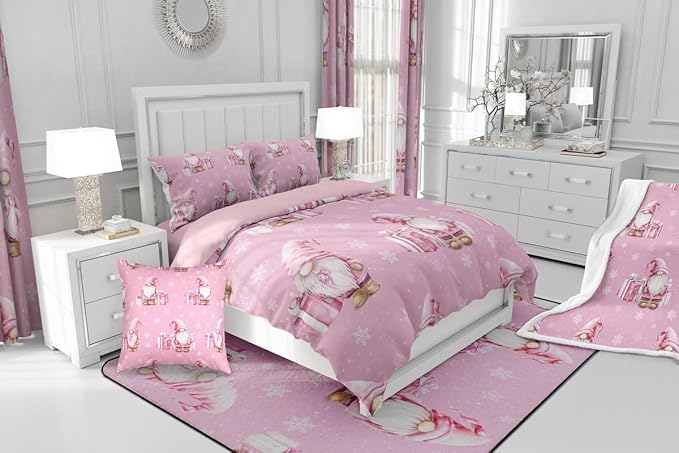 Feelyou Pink Christmas Bedding Set Soft for Boys Girls, Scandinavian Christmas Santa Gnomes Comforter Set Toddler Size Xmas Snowflake Duvet Quilt Bedroom Decor 2 Pcs with 1 Pillow Cases