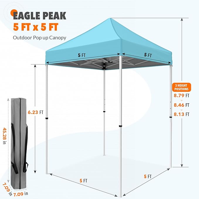 EAGLE PEAK 5x5 Pop Up Canopy Tent Instant Outdoor Canopy Easy Set-up Straight Leg Folding Shelter, Light Blue