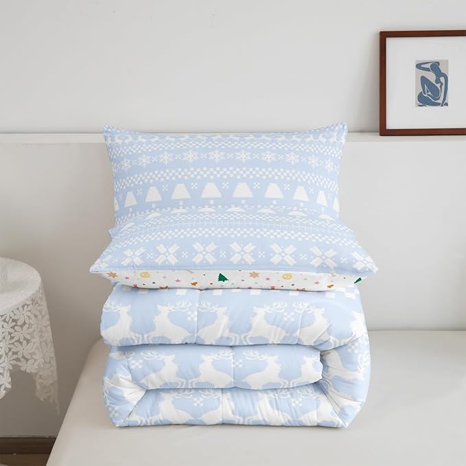 Feelyou Christmas Bedding Set for Kids Boys Girls Toddler Size Xmas Deer Decor Comforter Set Ultra Soft Xmas Snowflake Comforter Winter Duvet Quilt Bedroom Decor Christmas Decorations Quilt