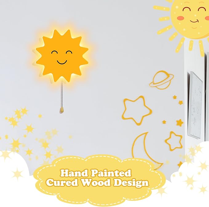 Sun Night Light Wall Lamp Sleeping Nursery Lighting Cute Floating Battery Operated Hanging Lamp for Baby Boys Girls Bedroom Room Nursery Wall Decorations