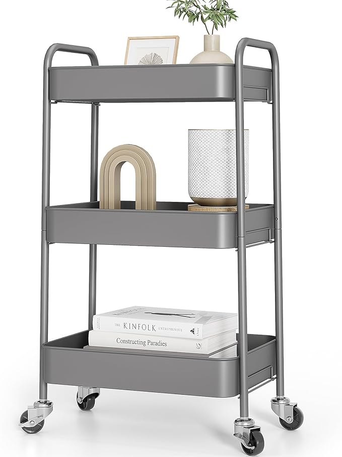TOOLF 3-Tier Metal Rolling Cart with Wheels, Storage Utility Organizer Cart for Kitchen, Bathroom, Office, Baby Essentials & Makeup - Lockable Casters, Easy Assembly, Large Capacity, Gray