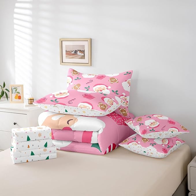 Christmas Gingerbread Man Kids Bedding Set Cartoon Christmas Santa Claus Comforter Set with Sheets for Boys Children Decor Pink Bed in a Bag New Year Bed Set 7Pcs Queen Size