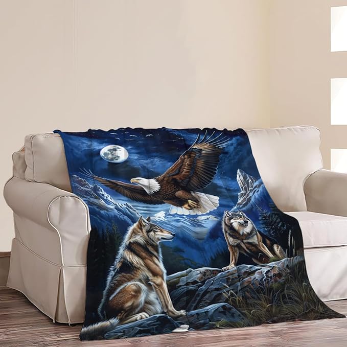 Bald Eagle Wolf Throw Blanket Wild Animal Print Blankets Gifts Couch Sofa Bed Stuff Decor Soft Cozy Lightweight Flannel Bedding for Lover 60"x80"