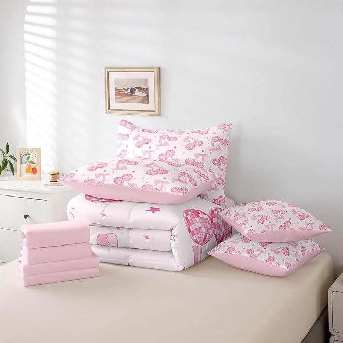 7 Pieces Bowknot Princess Kids Comforter Set Full,Disco Crystal Ball Western Cowgirl Bedding Set,Starry Sky Bow Tie Romantic Pink Girly（Comforter+Fitted+Flat Sheet+2 Pillowcases+2 Throw Pillow Covers）