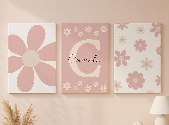 Personalized Girls Nursery Wall Art - Custom Name Stretched Canvas 3pc Framed Daisy Flower Wrapped Painting for Baby Room Kids Bedroom Initial Wall Decor Baby Shower Newborn Birthday Mother's Day Housewarming Christmas Thanksgiving Gift(40×60cm / 15.7×...