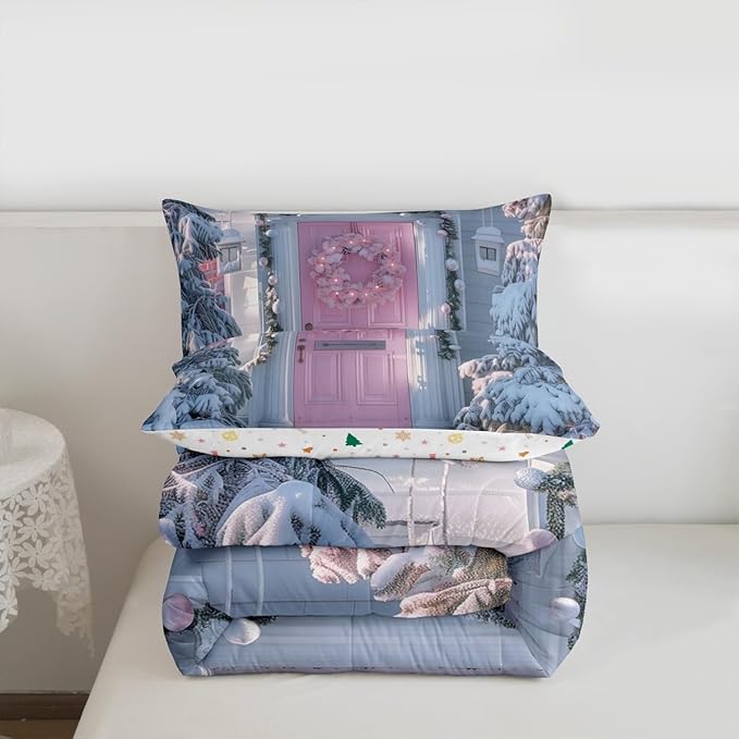 Feelyou Winter Snowscape Bedding Set Soft for Boys Girls, Merry Christmas Comforter Set Toddler Size Pink Door Duvet Quilt Microfiber Garland Xmas Tree Bedroom Decor 2 Pcs with 1 Pillow Cases