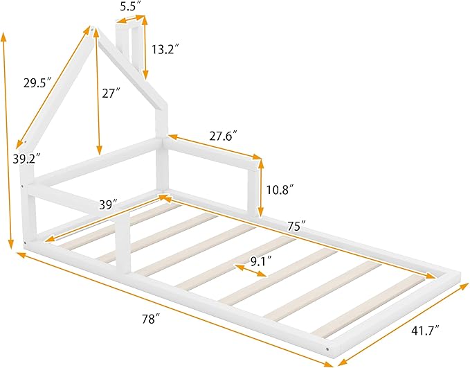 Harper & Bright Designs Twin Size Floor Bed with House Shaped Headboard, Montessori Floor Bed for Kids, Solid Wood Low Bed Frame for Bedroom, Playroom, Wooden Slats Support, White
