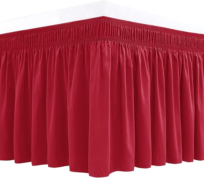 Biscaynebay Wrap Around Bed Skirts for Queen Beds with Short Drop of 12", Red Adjustable Elastic Dust Ruffles Easy Fit Wrinkle Resistant Silky Luxurious Fabric Machine Washable