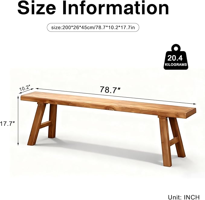 Wooden Entryway Bench Farmhouse for Bedroom End of Bed Vintage Artisan Live Edge Ustic Interior Decor Accent Mudroom,Bedside,Dinette Table,Noodle Narrow Bench (78.7" W x 17.7" H x 10" D)