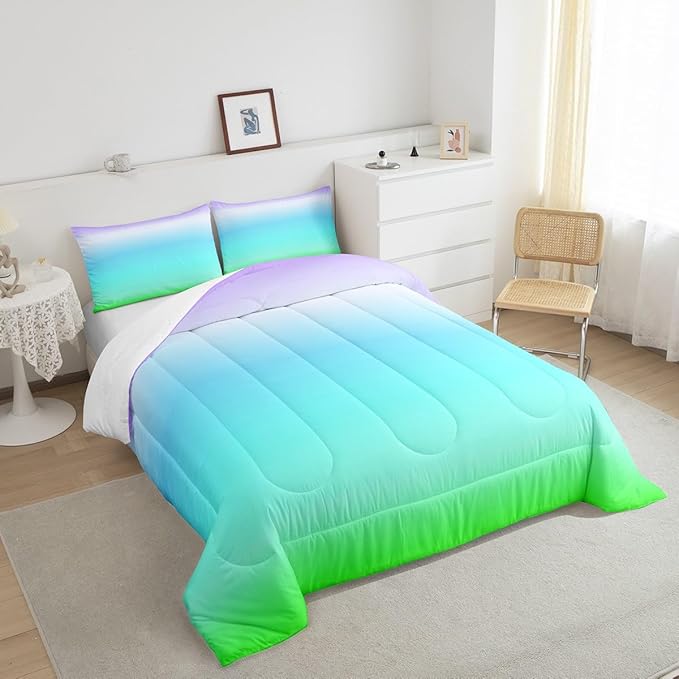 Feelyou Blue Green Ombre Comforter Twin Size, Colorful Gradient Comforter Set for Boys Girls Rainbow Ombre Bedding Set Luxury Modern Duvet Set Decorative Microfiber Bed Set