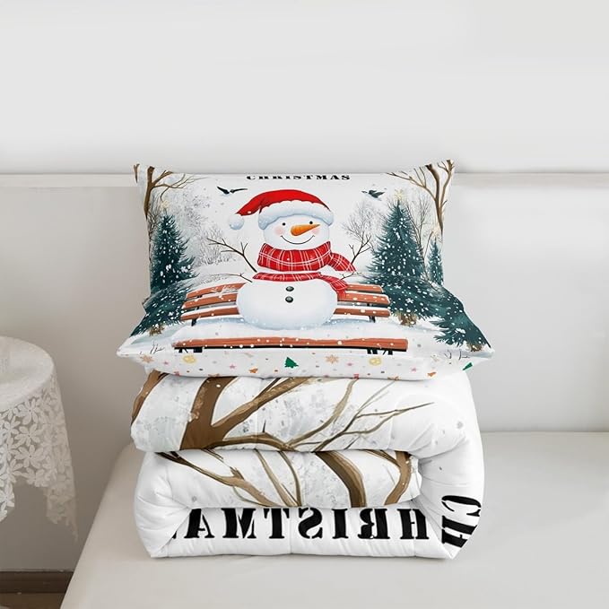 Feelyou Merry Christmas Comforter Set Toddler Size Cute Snowman Bedding Set for Kids Boys Girls Snowflake Duvet Quilt Christmas Tree Bedroom Decor Microfiber 2 Pcs with 1 Pillow Cases