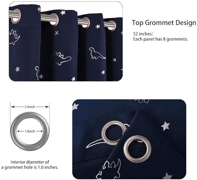 LORDTEX Dinosaur and Star Foil Print Blackout Curtains for Kids Room - Thermal Insulated Curtains Noise Reducing Window Drapes for Boys and Girls Bedroom, 52 x 84 Inch, Navy, Set of 2 Panels