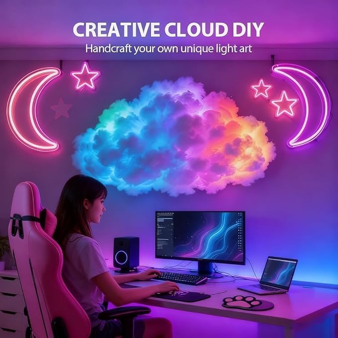 LED Cloud Light with Music Rhythm,DIY USB-Powered Thundercloud LED Light Decor for Bedroom & Gaming Room - USB Powered,Vibrant Glow, No Drill Roof for Christmas/New Year Gifts (13.1ft)