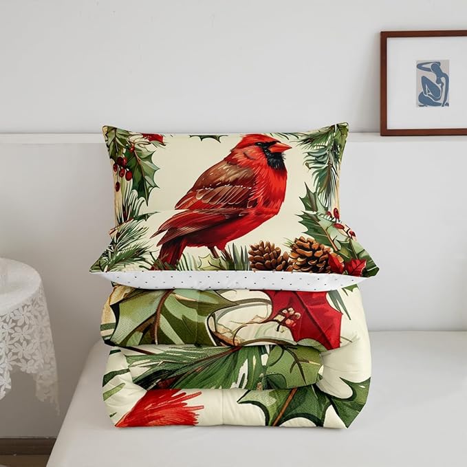 jejeloiu Kids Red Cardinal Comforter Set King Size Christmas Tree Green Plants Bedding Set for Boys Girls Teens Xmas Birds Animal Winter Happy New Year Duvet Quilt Room Decor