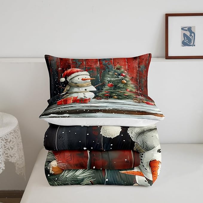 Merry Christmas Comforter Set Twin Size,Snowman Christmas Tree Bedding Set for Kids Boys Girls Room Decor,Snowflake Winter Theme Quilt Set 2Pcs,Retro Rustic Barn Stripes Duvet Insert,1 Pillowcase