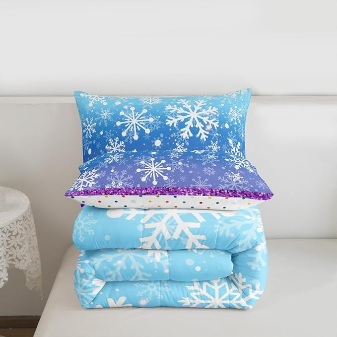 Feelyou Winter Snowflake Comforter Set All Season Glitter Print Bedding Set with 1 Pillow Cases Christmas Microfiber Kids Toddler Bedclothes Holiday New Year Bedroom Decor Duvet Quilt Soft